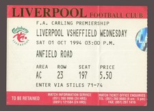 Liverpool v Sheffield Wednesday 1994-1995 Premier League Ticket 01/10/1994