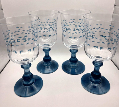Studio Nova Mirella Blue Glass Goblets Etched Hand Painted 16 Oz Set of 4