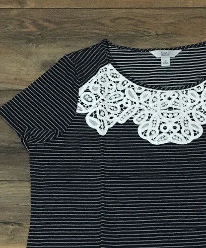 Croft & Barrow Navy Stripe T-Shirt Short Sleeve Tee w/ Lace Overlay around neck - Picture 2 of 2