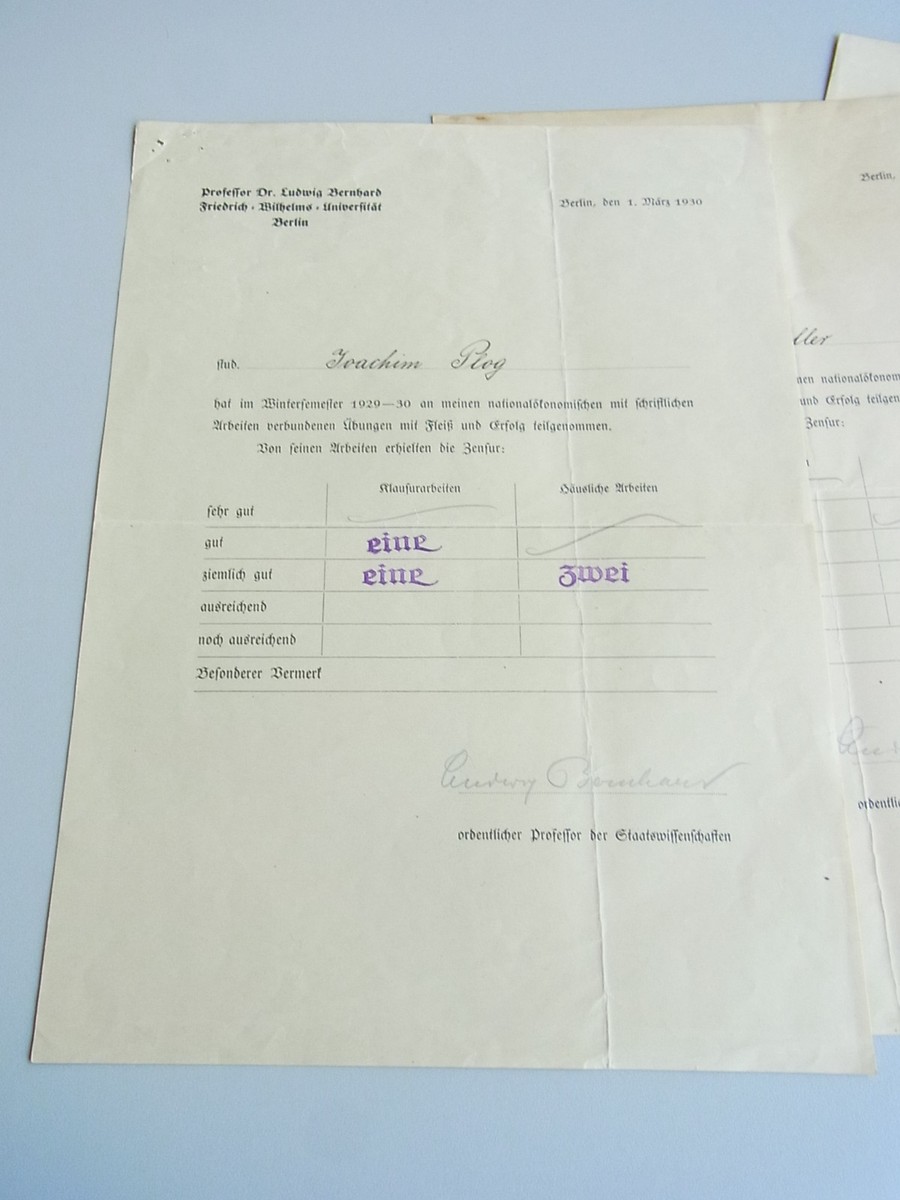 Nationalökonom Ludwig BERNHARD (1875-1935): 3 signierte Unizeugnisse BERLIN  1930