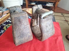 WESTERN SADDLE STIRRUPS Leather Tooled Old Large Rough Used Pair Estate Decor Or