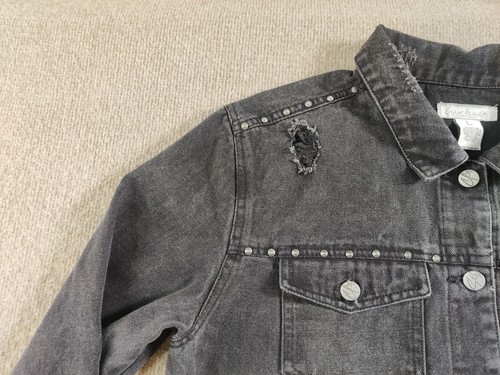 Crave Fame Almost Famous Denim Jean Jacket L Black Studs Distressed Grunge Skate - Picture 6 of 12