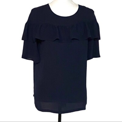 LOFT Blouse Women's Mixed Media Short Flutter Sleeve Ruffle Sz Small Navy Blue