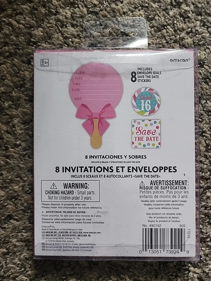 Piruleta Sweet Sixteen 16 con lazo brillantes invitaciones fiesta celebración 8ct Foto 4 de 4