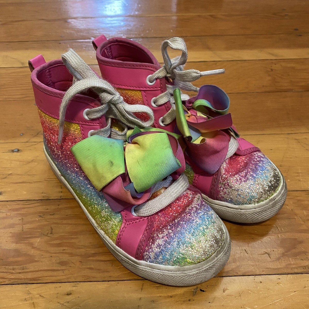 Jojo Siwa Pink Rainbow Glitter Girls High Top Sneakers Shoe Size Flaw
