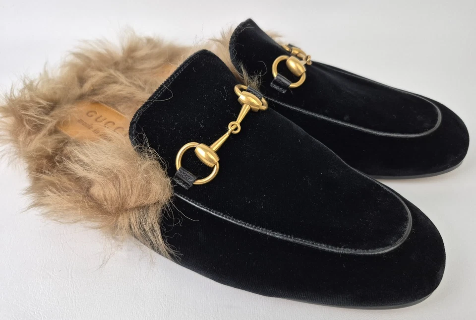 Gucci Black Princetown Velvet Fur Shearling Loafer Slide Size 6.5 UK 40.5 EU