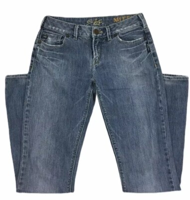 SILVER MITSU Jeans Womens Size 27(28) Distressed Boot Cut Blue Denim Whiskered