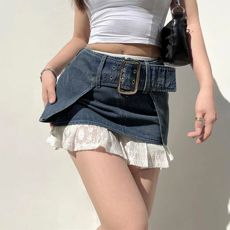 Belted Low Waist Micro Mini Skirt Aesthetic Clothes Women Summer Y2K Denim Skirt - Image 2 of 4