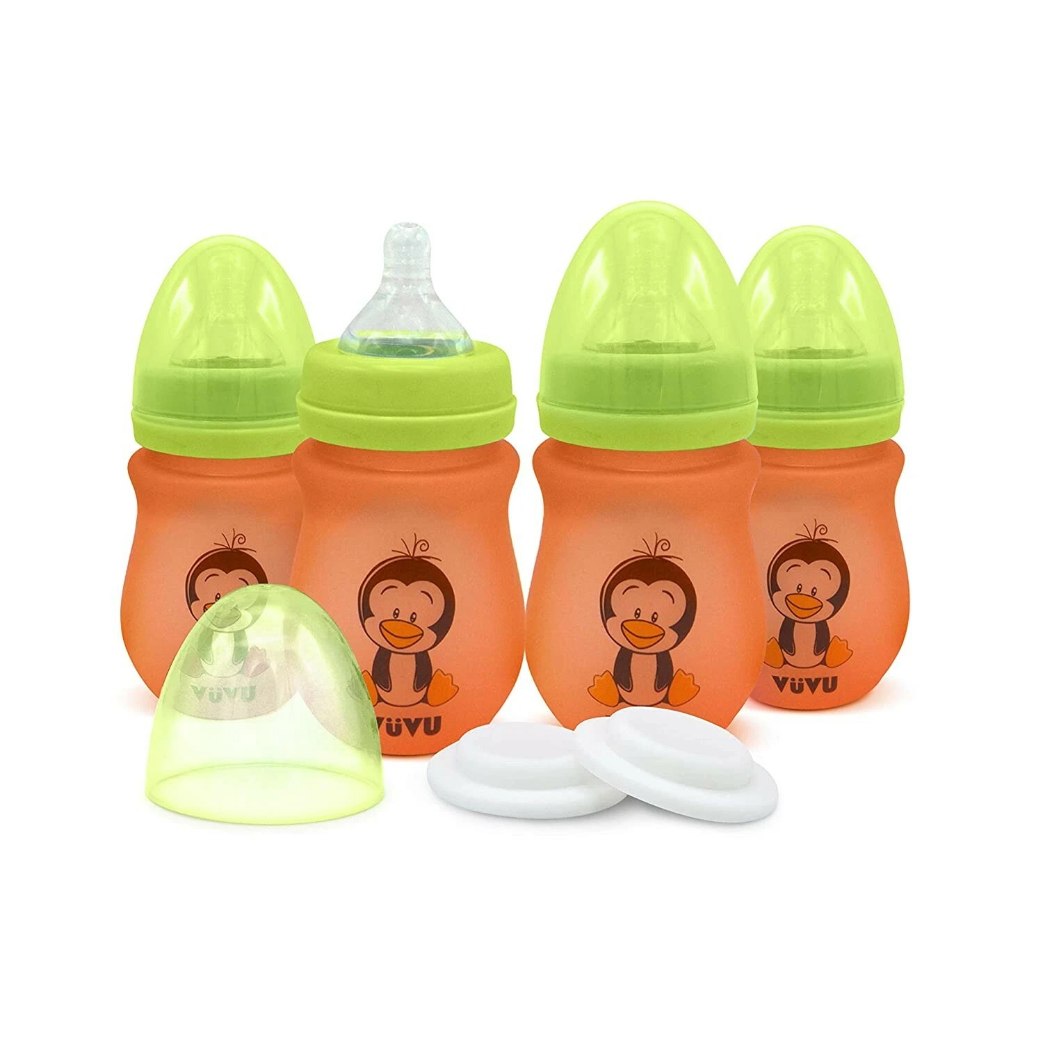 Glass Baby Bottle set, Wide neck, 6oz/177ml, Orange/Green, 4 pack