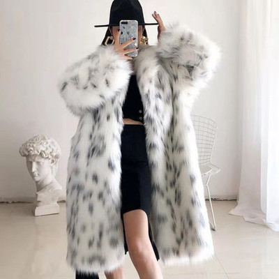 Women's Anti-fox Fur Mid-length Blazer with faux Fur Leopard Print Coat