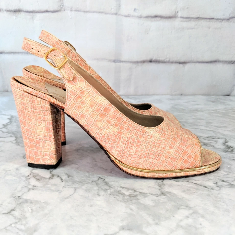 De colección Años 60 ANDREW GELLER Italia Rosa Coral Piel de Serpiente Dorado Tacones Cordones 7.5 Foto 3 de 4