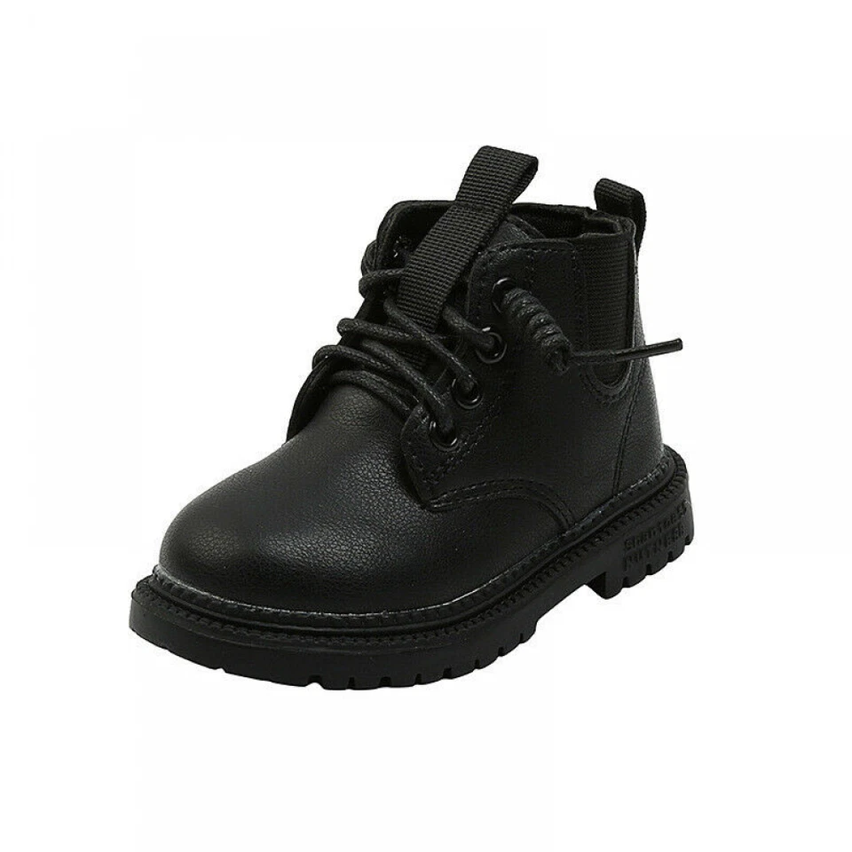 Boy Girl Ankle Boots Lace Faux Leather Flat Trainers Baby Kids Outdoor Walk Shoe - Image 2 of 4
