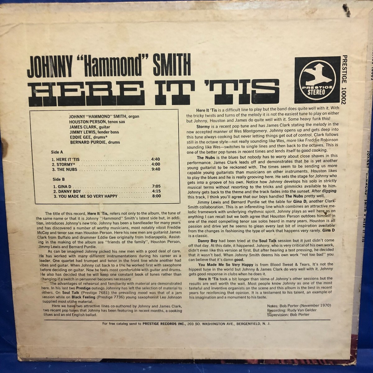 Johnny Hammond Smith – Here It 'Tis - RECORD LP COVER ONLY