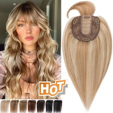 100 Remy Human Hair Women Topper Toupee Clip in Hairpiece Top Wiglet With Bangs