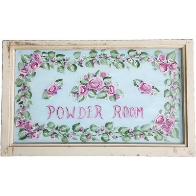 Powder Room Sign, Handpainted Art, Glass, Pink Roses, Foliage, Shabby Chic, 30''w