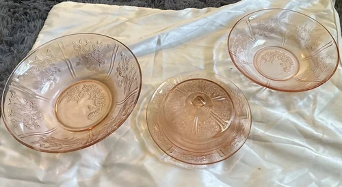 Vtg Federal Depression Glass Pink Sharon Cabbage Rose Serving Bowls Butter Dish