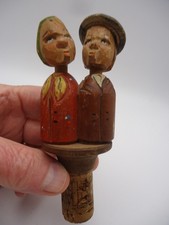 Vintage Hand-Carved Wooden Kissing Couple Bottle Stopper Hand Painted Folk Art