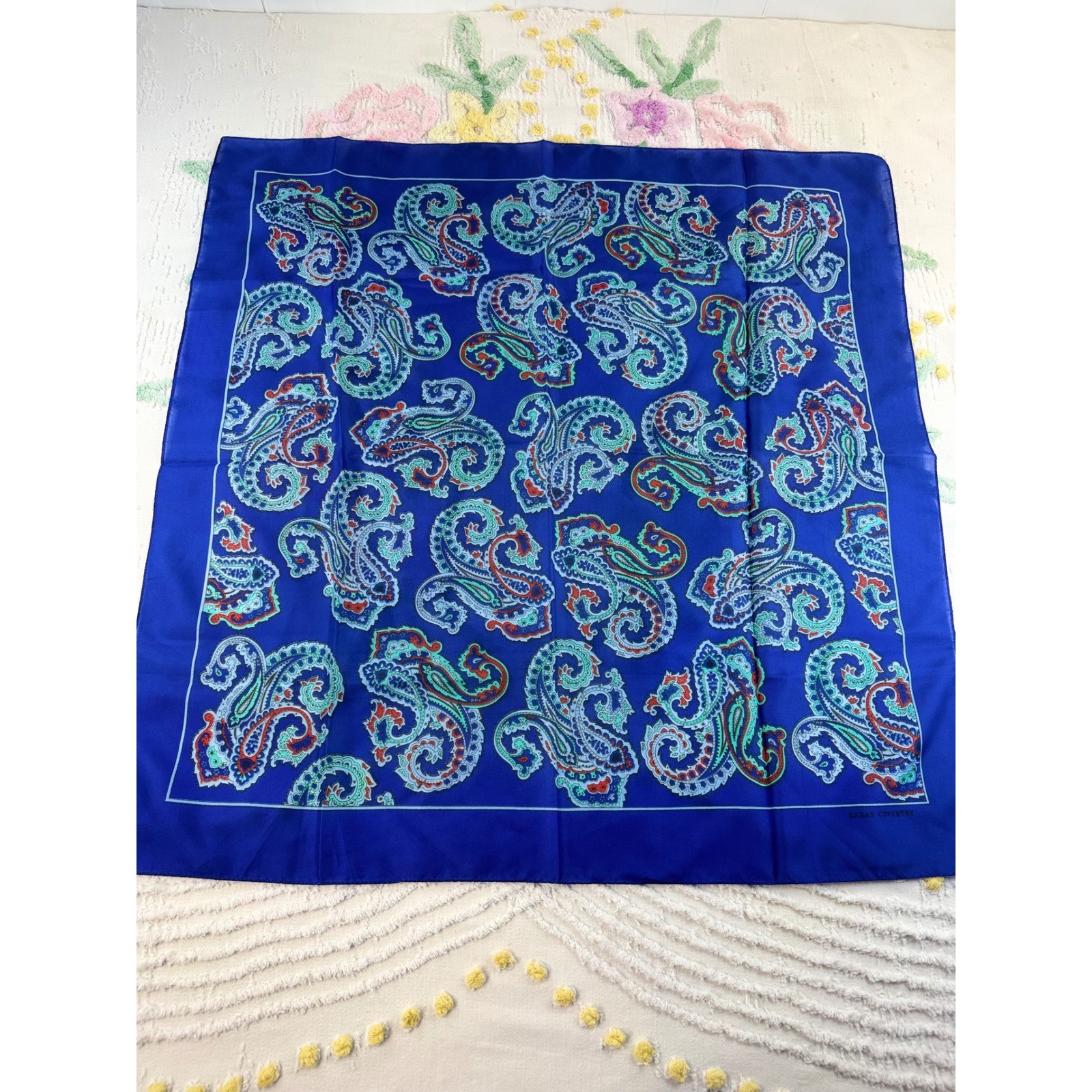 Sarah Coventry Vintage Royal Blue Paisley Square Scarf 30x30 Boho Accessory