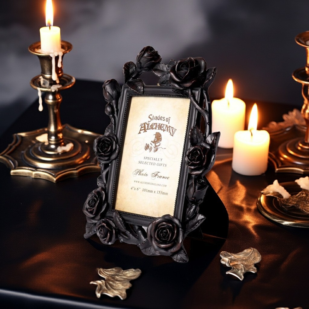 Alchemy Gothic 6"" x 4"" Rose and Vine Black Metal Photo Frame - Gothic Home Decor