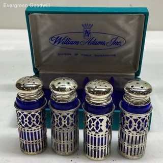 William Adams Inc/Towle Silversmiths Silver Plate and Blue Glass Shakers in Box