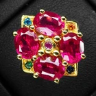 Floral Hot Pink Rubellite Tourmaline 5.95Ct 925 Sterling Silver 24K Gold Rings