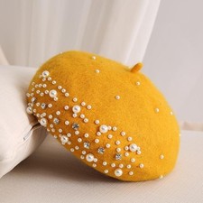 Chic Yellow Wool Acrylic Beret Faux Pearl Rhinestone French Artist Hat One Size