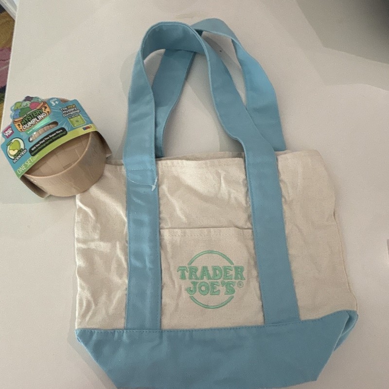 Trader Joe's Canvas Tote Bag Blue/Beige Logo Small 13x10x14 in Used