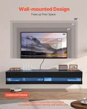 Floating TV Stand 71" Entertainment Center Power Outlet LED Light Black