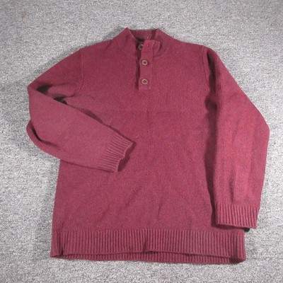 LL Bean Sweater Mens L Tall Burgundy Lambswool Button Mock Pullover Fisherman