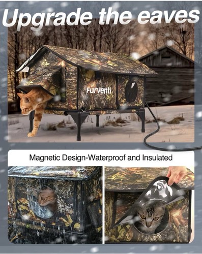 Furventi Weatherproof Insulated Elevated Outdoor Heated Cat Shelter, Large