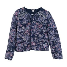 Monsoon Size 14 Navy Floral Round Neck Quilted Jacket Boho Style Slight Cropped