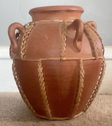 Vintage Pottery Vase. Unusual With Bamboo Rope Decor. 11" Tall. Reware.