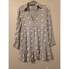 ZARA Gray Polka Dot Babydoll Dress Textured Pom Pom Mini Dress Cottagecore Chic