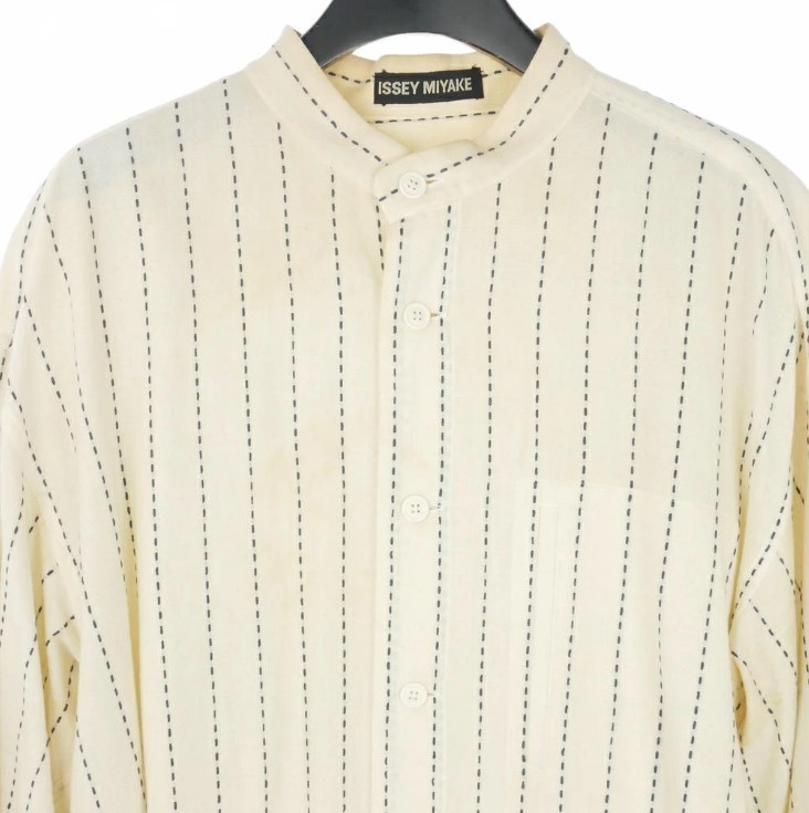 ISSEY MIYAKE Men's 95SS Band Collar Striped Shirt Silk Stitch