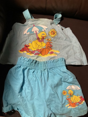 Conjunto de 2 piezas vintage de Plaza Sésamo Elmo Zoey Big Bird niño pequeño talla 3T mancha