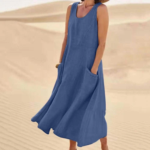 Women's Cotton Linen Maxi Dress Ladies Solid Pockets Sleeveless Summer Sundress - Picture 4 of 34