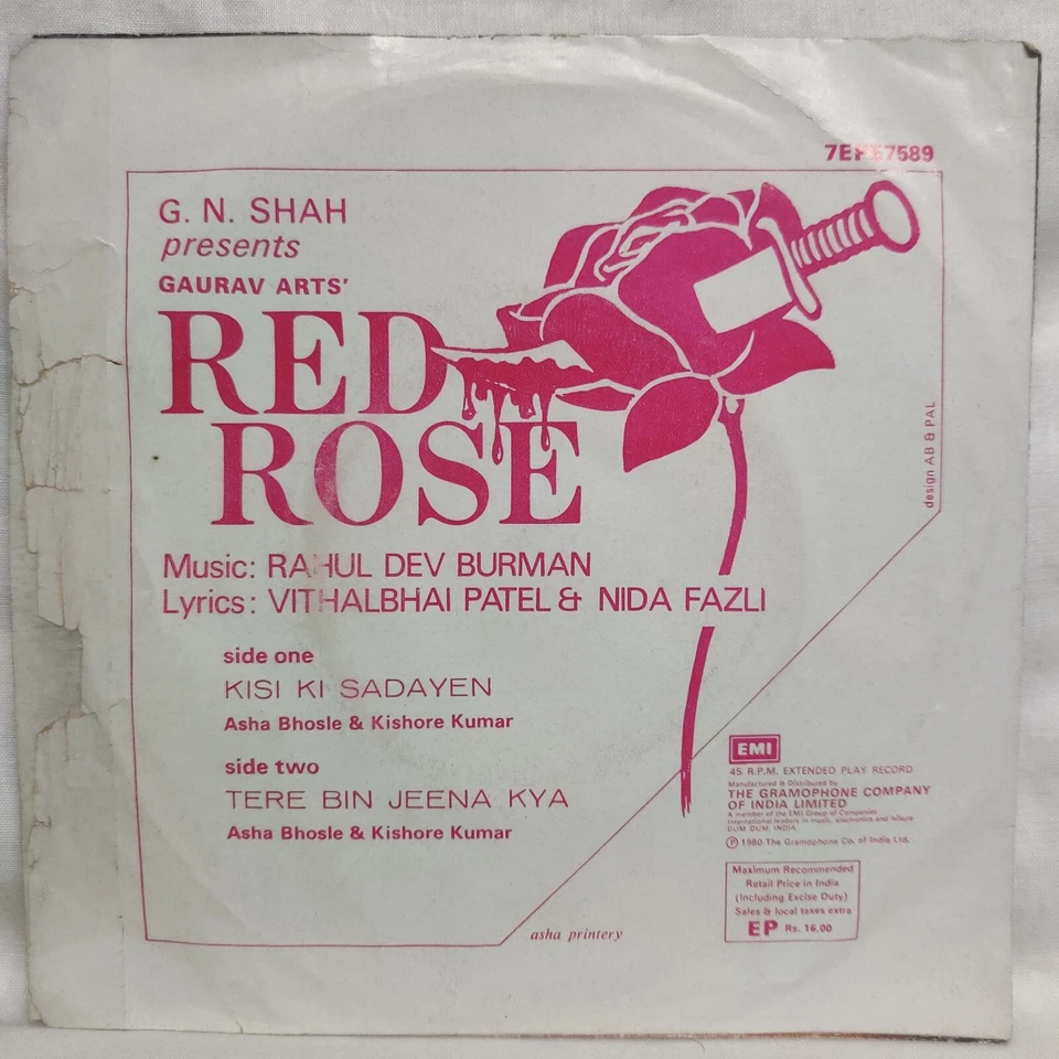 Red Rose Vinyl Record 7" EP 45 RPM R D Burman Bollywood 1980 Hindi Film Indian Foto 2 de 4