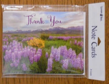 8 Leanin Tree Note Cards, Beautiful Purple Flower Field w/ Mountains, Thank You