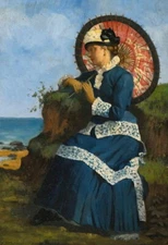 oil painting handpainted on canvas- An elegant lady by the shore with a  parasol