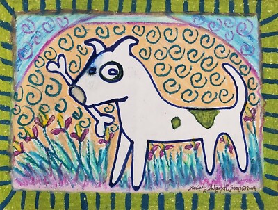 PIT BULL TERRIER Fetching Bone 9x12 ORIGINAL Pastel Painting dog FOLK ART KSams