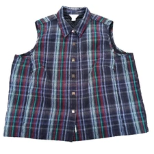 CJ Banks Quilted Vest Womens Plus 3X Blue Plaid Lightweight Snap Up Lined