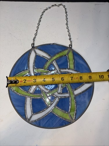 Pannello Finestra Vetro Colorato Sospeso Doppia Triquetra Diametro 9” Bianco Verde Blu - Foto 2 di 3