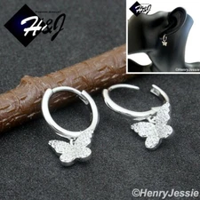 WOMEN SOLID 925 STERLING SILVER ICY CZ BUTTERFLY DANGLE HUGGIE HOOP EARRING*E253