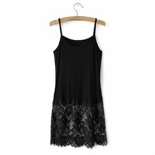 Women Lace Splice Camisole Top Long Soft Flower Dress Solid Cotton Blend Black