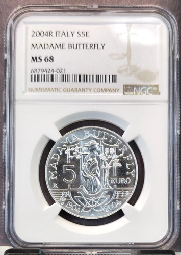 2004 ITALY SILVER 5 EURO MADAME BUTTERFLY NGC MS 68 SCARCE GEM BEAUTY