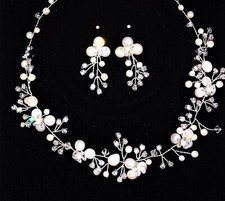 Wedding Necklace ,Earrings Bridal Set flexible Cubic Zirconia Freshwater Pearl