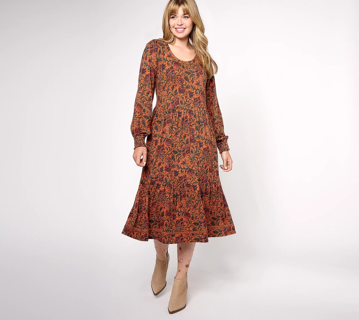 Denim &Co.Canyon Retreat Tall Easy Midi Boot Dress,X-Small Rust Tapestry A623082