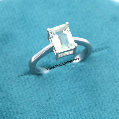 925 Sterling Silver Natural Green Amethyst Ring, Emerald Cut Engagement Ring