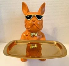 ORANGE BULLDOG TRAY COIN BANK DOG SCULPTURE OR BAR CHIC CHANGE FRENCH BULLDOG