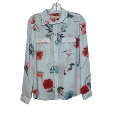Ann Taylor Loft Blouse Floral Print Button Up Womens Small Light Blue